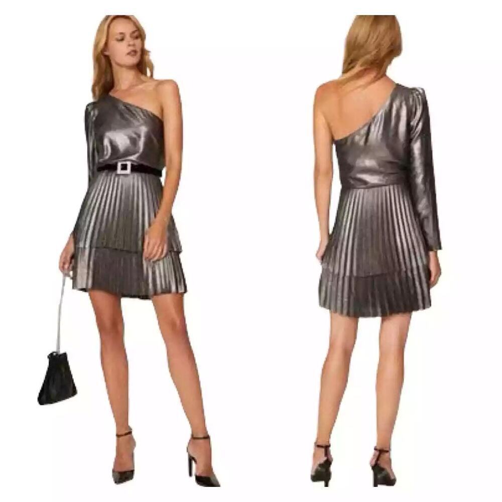 DEREK LAM Silver Metallic One Shoulder Pleated Black Mini Dress Size EU 44